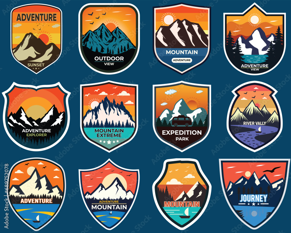 Set of twelve mountain travel emblems. Camping outdoor adventure emblems, badges and logo patches. Mountain tourism, hiking. Forest camp labels in vintage style