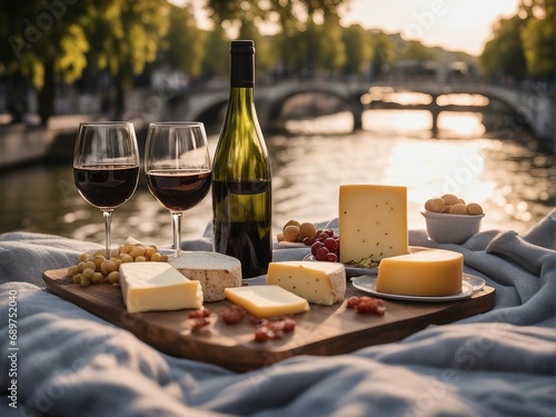 luxury picnic with cheese plateau and wine by the Seine river Paris  golden hour  