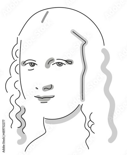 Linien vektor Skizze mona lisa minimalistisch.  la Gioconda, Porträt einer lächelnden jungen Italienerin, in schwarz weiß