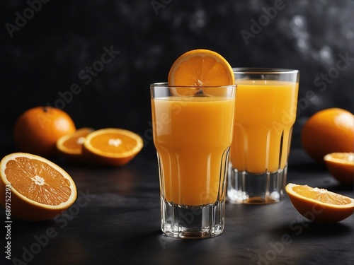 organic orange and orange juice in glass, decorative white stone background, with copy space