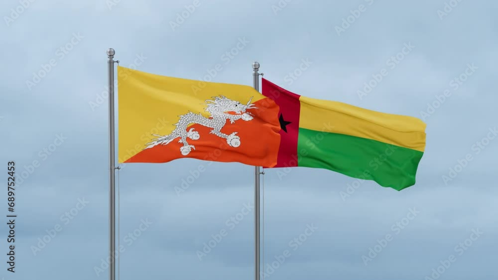 Guinea-Bissau flag and Bhutan flag waving together on cloudy sky, endless seamless loop, two country relations concept Guinea-Bissau flag and Bhutan flag waving together on cloudy sky, endless seamless loop, two country relations concept