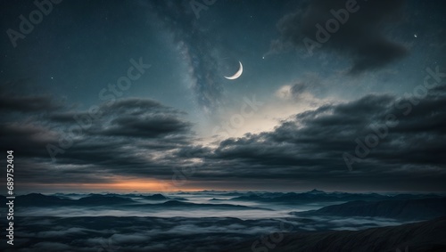Night sky with crescent moon, celestial bodies, simplified, Nordic, Scandinavian style, muted colors, rolling clouds, Viking symbols ai generated