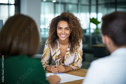 Smiling professional business woman banking loan manager, insurance agent, lawyer or financial advisor consulting clients couple sitting at work corporate office meeting.