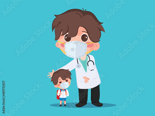 Doctor andboy wearing facemasks during pm2.5 air pollution Dust effects on health. Hand drawn style vector design illustrations.