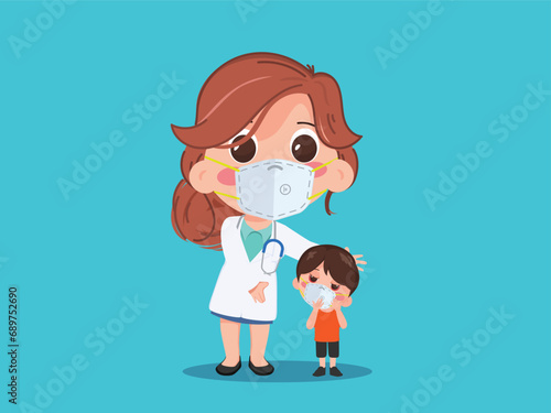 Doctor and boy wearing facemasks during pm2.5 air pollution Dust effects on health. Hand drawn style vector design illustrations.