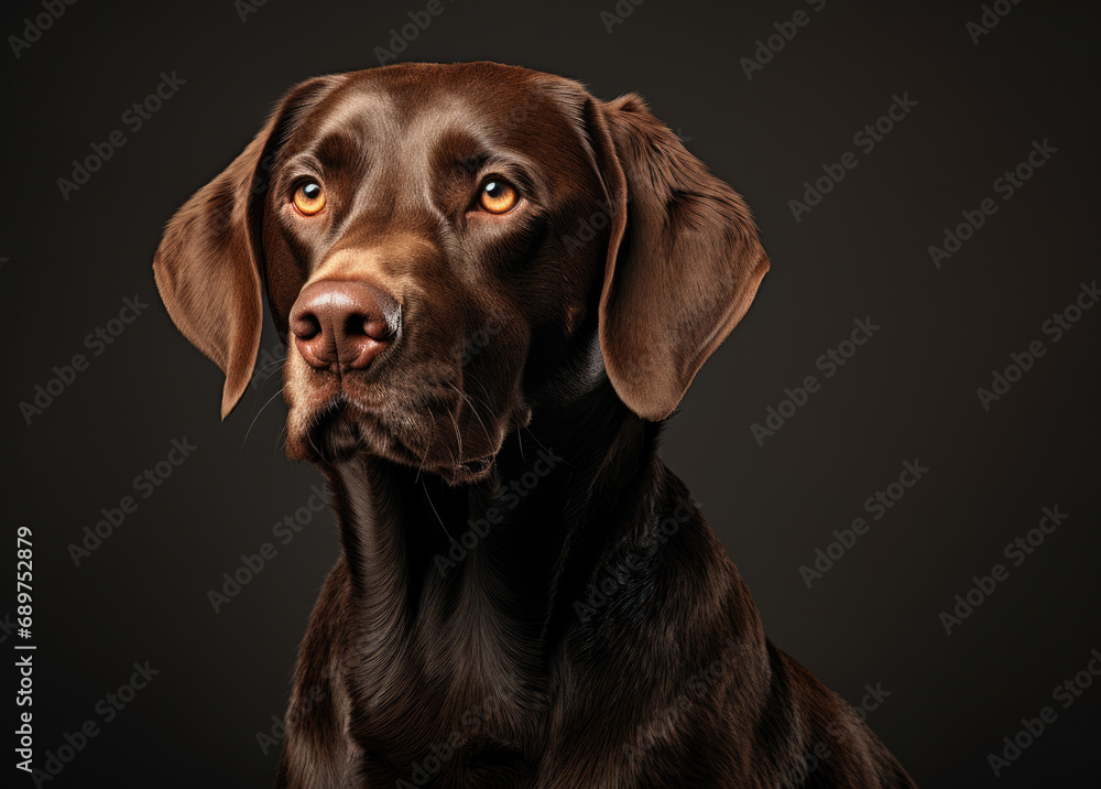 Stunning portrait of a chocolate labrador with mesmerizing amber eyes against a dark backdrop. Stunning portrait of a chocolate labrador with mesmerizing amber eyes against a dark backdrop.