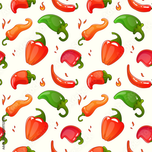 Seamless pattern with different peppers on a white background.