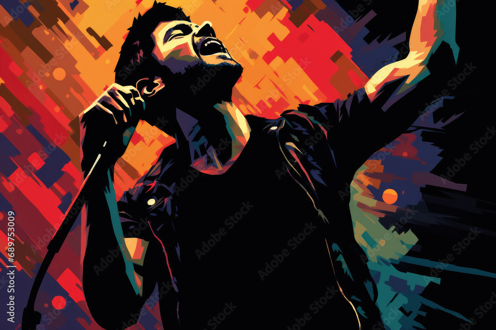 Dynamic pop art portrayal of a vocalist in vibrant colors, expressing passion and energy during a performance. Dynamic pop art portrayal of a vocalist in vibrant colors, expressing passion and energy during a performance.