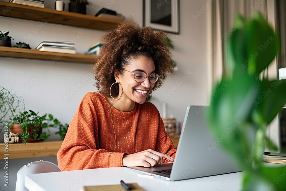 Fototapeta premium Happy young woman using laptop sitting at desk writing notes while watching webinar, studying online, looking at pc screen learning web classes, having virtual call meeting remote working from home.