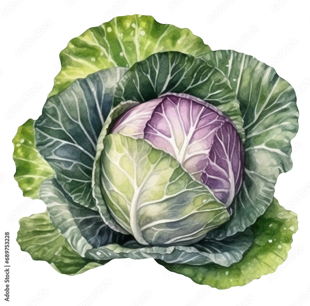 Fototapeta premium Watercolor illustration of a cabbage. Vegetables. Food. Transparent background, png. Ai generated.