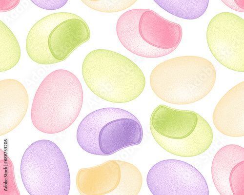 Mochi colored, seamless pattern. Japanese traditional sweet soft dessert. Bento mochi dish. Ball of rice flour with bean paste. Vector illustration with healthy sweet snack.