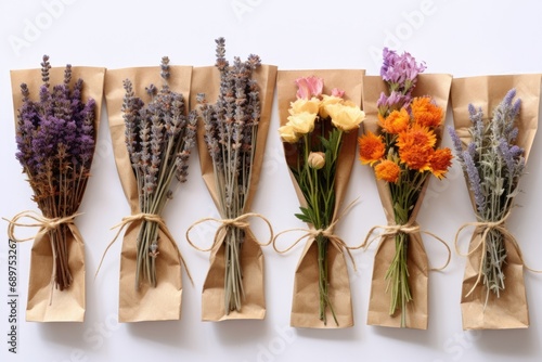 A beautiful bunch of flowers wrapped in brown paper. Perfect for adding a touch of natural beauty to any space