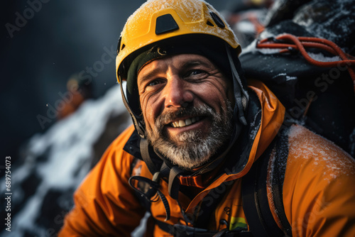 Portrait of a male climber on a snowy mountain