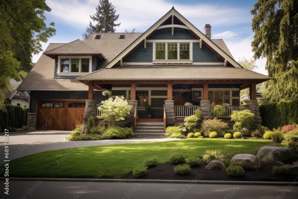 Naklejka premium A picture showcasing a house with a large front yard and meticulously designed landscaping. Perfect for real estate advertisements or home improvement articles
