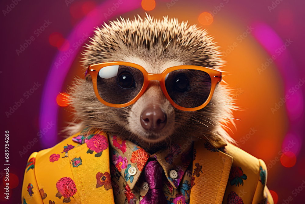Hedgehog in a stylish colored suit and sunglasses