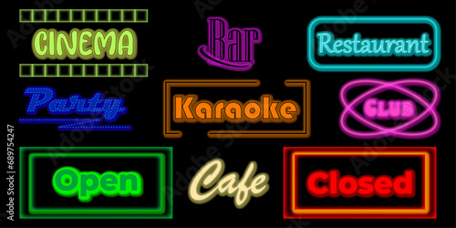 Neon Glowing Lettering Bar Restaurant Club Cafe Cinema Karaoke Open Closed Party on Black Background