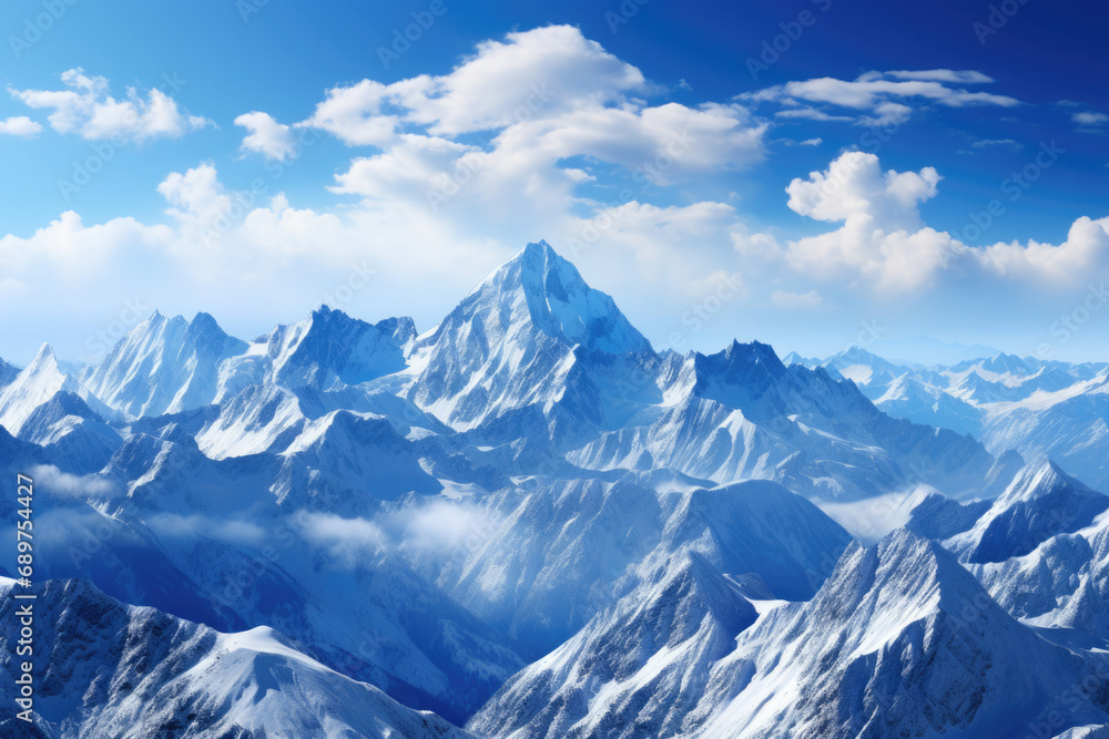 Landscape with a mountain snowy valley against a blue sky