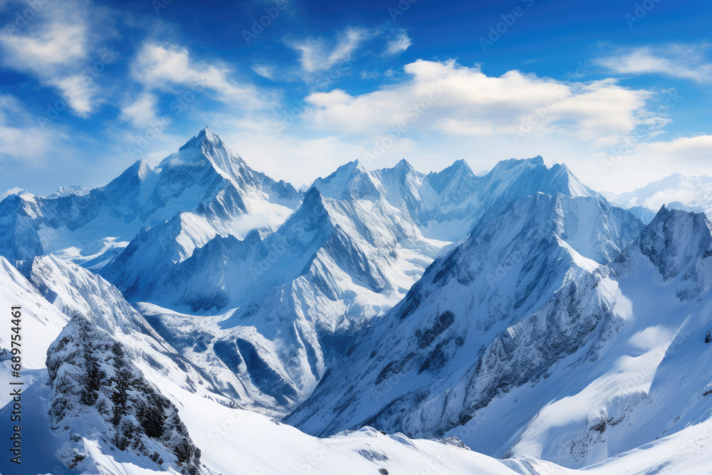 Fototapeta premium Landscape with a mountain snowy valley against a blue sky