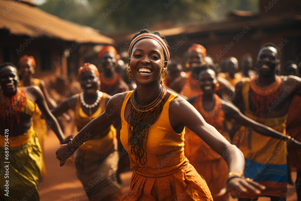 Fototapeta premium African women and men are dancing a traditional dance of Africa, black history month