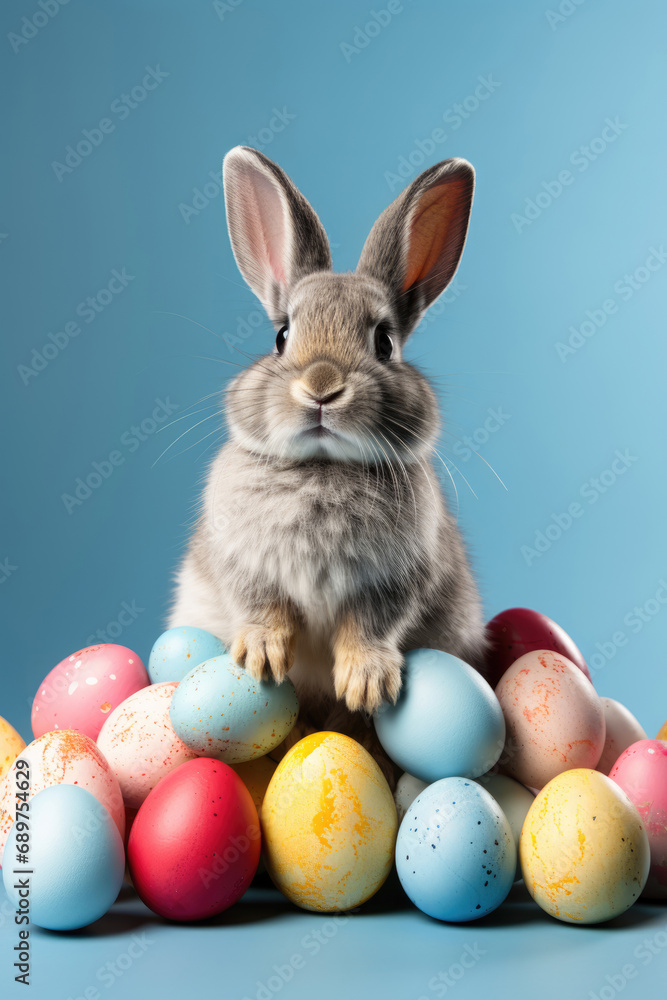 Easter bunny and colored eggs on a blue background. Vertical orientation