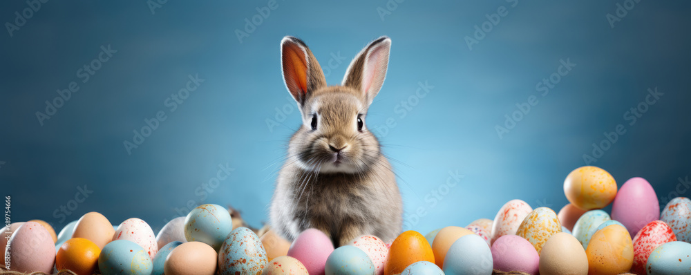 Easter bunny and colored eggs on a blue background