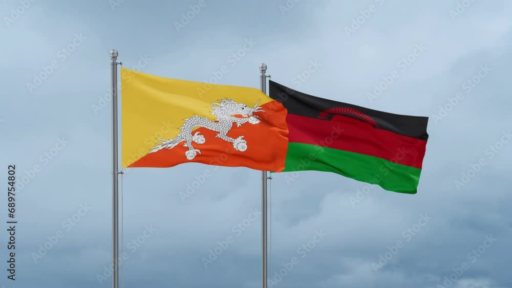 Malawi flag and Bhutan flag waving together on cloudy sky, endless seamless loop, two country relations concept Malawi flag and Bhutan flag waving together on cloudy sky, endless seamless loop, two country relations concept