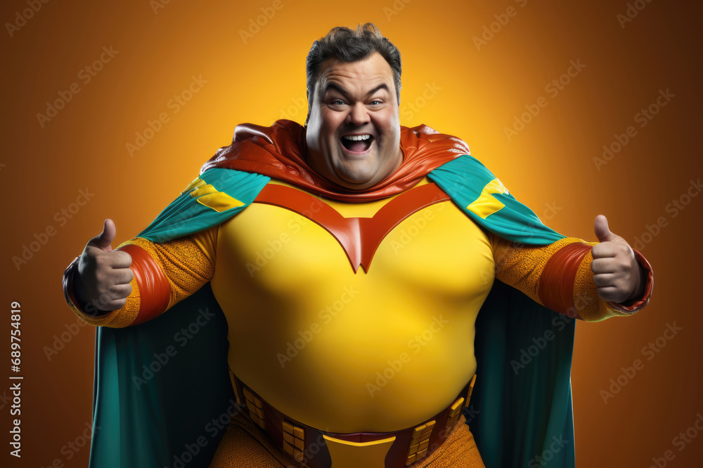 Funny fat positive man in a superhero costume Funny fat positive man in a superhero costume