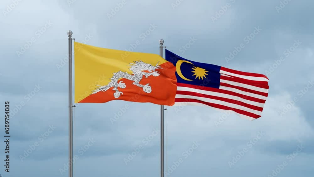 Malaysia and Bhutan flag waving together on cloudy sky, endless seamless loop, two country cooperation concept Malaysia and Bhutan flag waving together on cloudy sky, endless seamless loop, two country cooperation concept