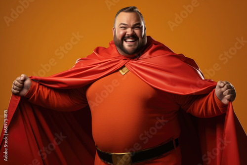 Funny fat bearded man in a superhero costume