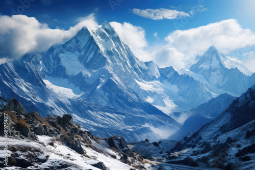 Landscape with a mountain snowy valley against a blue sky