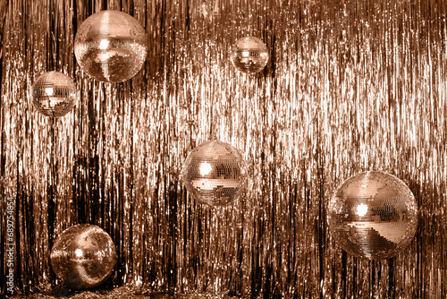 Wallpaper Mural color of the year. Peach Fuzz. Festive background. disco ball on beige and silver background. Christmas. Wedding. Birthday Torontodigital.ca