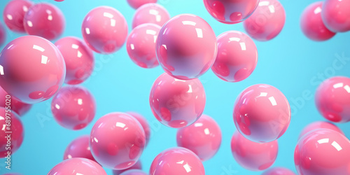 Floating pink glossy spheres against a serene cyan background, giving a sense of weightlessness and playful abstraction in 3D space.