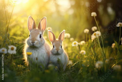 Cute mother and baby bunny rabbits in the grass at sunset photo