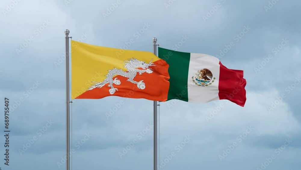 Mexico flag and Bhutan flag waving together on cloudy sky, endless seamless loop, two country relations concept Mexico flag and Bhutan flag waving together on cloudy sky, endless seamless loop, two country relations concept