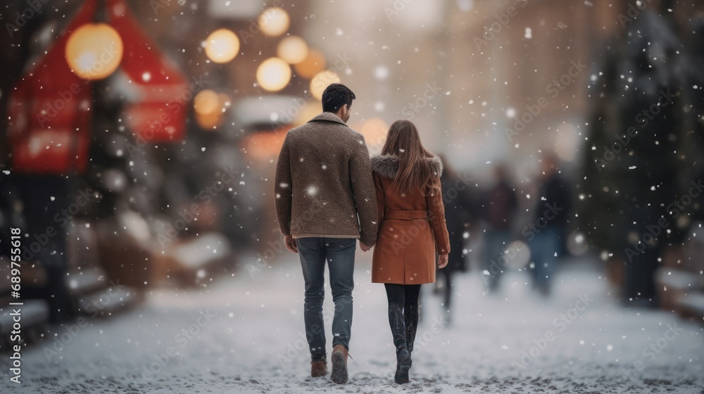 Happy couple celebrates Christmas together on snowy road. Happy couple celebrates Christmas together on snowy road.
