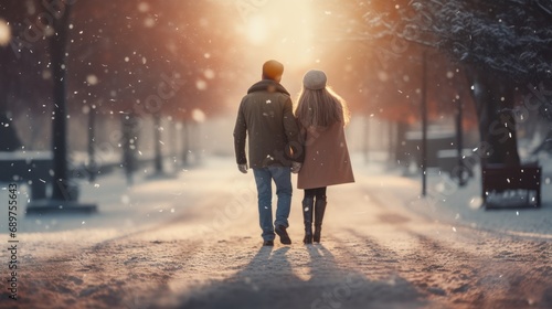 Happy couple celebrates Christmas together on snowy road.