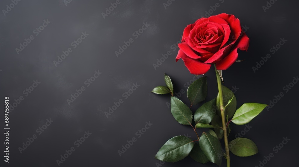 Red rose stem and petals on dark gray background
