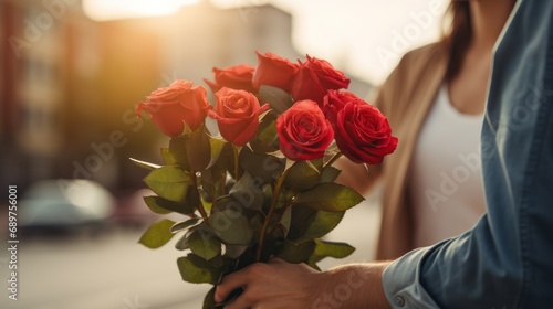 A young man gives a bouquet of roses to his girlfriend on a special occasion, Valentine's Day.