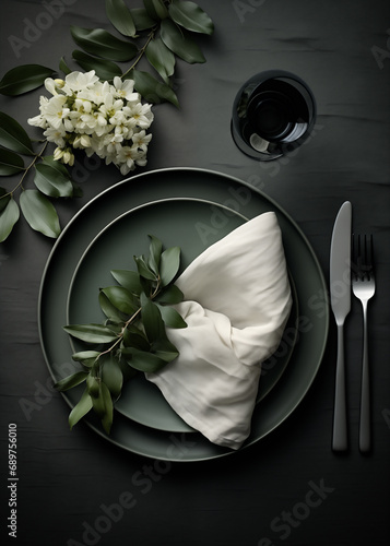 Table setting for dinner on a black table with a flower plate, a knife, and a fork, in the style of dark green and dark gray, formalist aesthetics, nature-inspired, soft color blending. Top view. photo