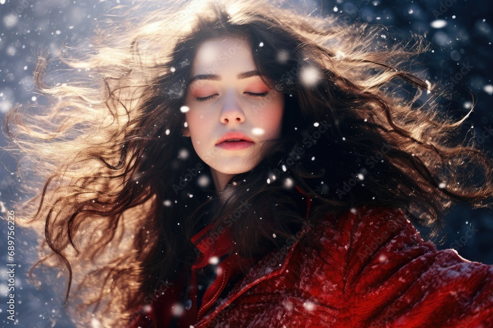 Smiling girl in frosty snowy winter park. Sunny day with flying snowflakes. Joyful beauty young woman having fun. happy teenage girl in the snow Smiling girl in frosty snowy winter park. Sunny day with flying snowflakes. Joyful beauty young woman having fun. happy teenage girl in the snow