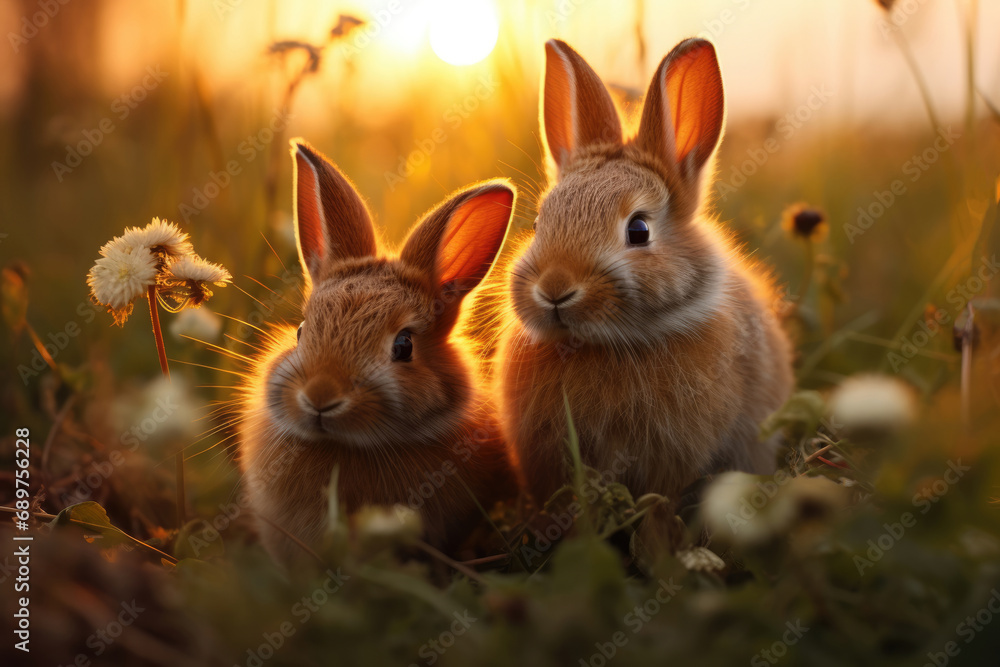 Cute little rabbits on green spring grass at sunset Cute little rabbits on green spring grass at sunset