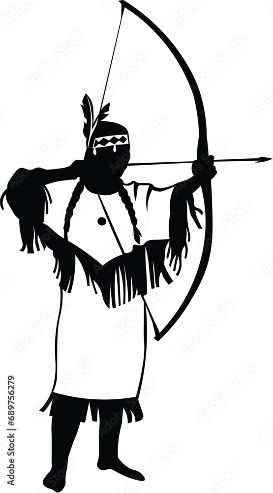 Cartoon Black and White Isolated Illustration Vector Of A Traditionally Dressed Indian Shooting a Bow and Arrow 