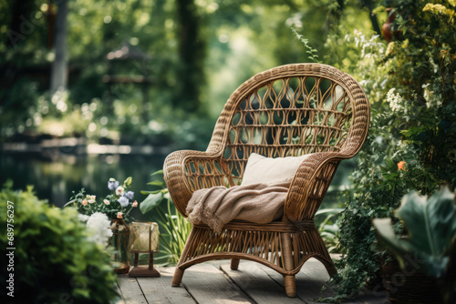 Stylish wicker rattan chair in the garden near the pond photo
