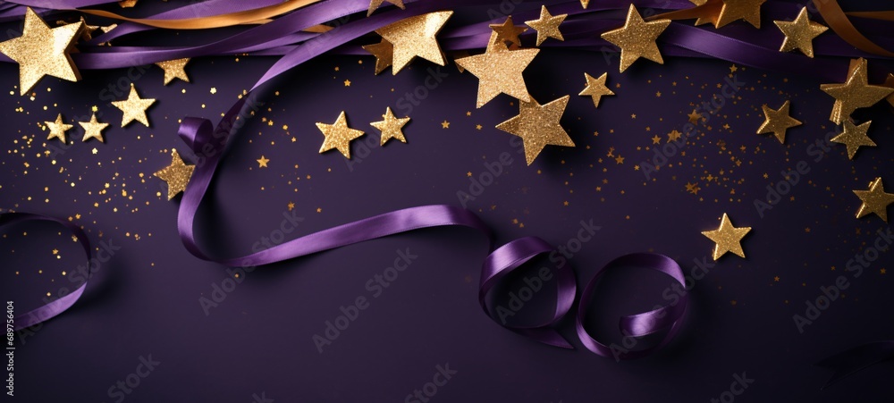 Dark purple and gold anniversary background with falling confetti and light effects. Dark purple and gold anniversary background with falling confetti and light effects.