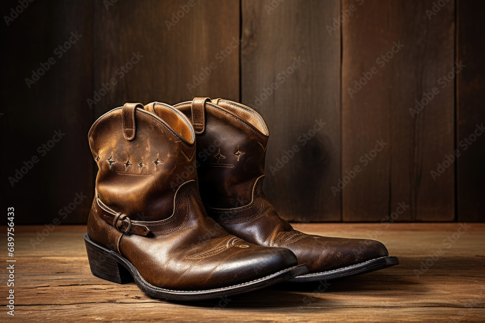 Wild West retro cowboy pair of leather boots on wooden background