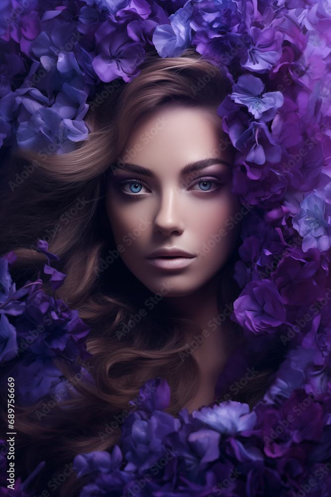 A woman in purple flowers with blue eyes, in the style of photorealistic fantasies, monochromatic palettes, daz 3d, bright and bold color palette, bold palette, photo taken with provia, uhd image
