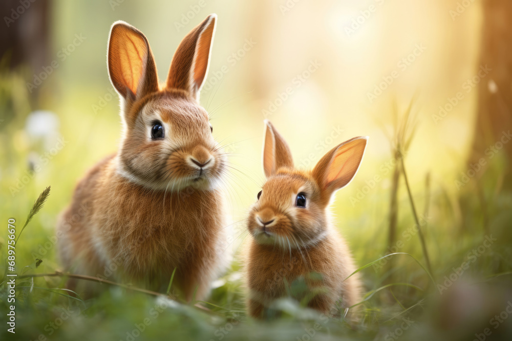 Cute mother and baby bunny rabbits in the grass Cute mother and baby bunny rabbits in the grass