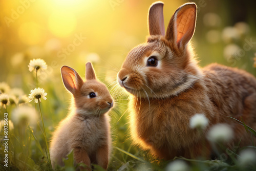 Cute mother and baby bunny rabbits in the grass