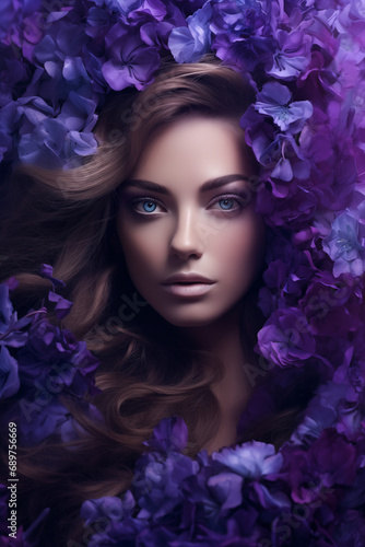 Obraz na płótnie A woman in purple flowers with blue eyes, in the style of photorealistic fantasies, monochromatic palettes, daz 3d, bright and bold color palette, bold palette, photo taken with provia, uhd image w salonie