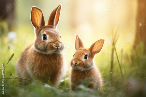 Cute mother and baby bunny rabbits in the grass © Michael